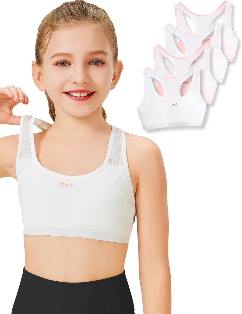 ZIAUGB Store Girls Training Bra for 8-14 - First Wireless Seamless Sports Bra with Sewn-in Padding - Breathable Cotton Racerback - 4-Pack - Image 1